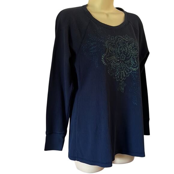 Sonoma Dark Navy Blue Waffle Knit Top Woman Size Medium Mandela Design - Picture 2 of 9